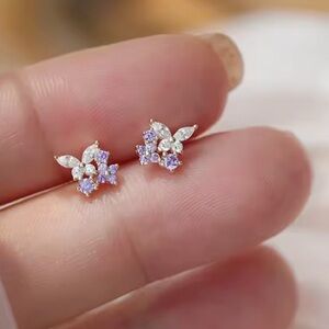 Gold plated dainty butterfly and flowers stud earrings NEW